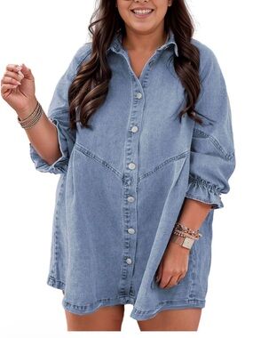 Ruffle Button-Front Denim Shirt Dress in Classic Blue
